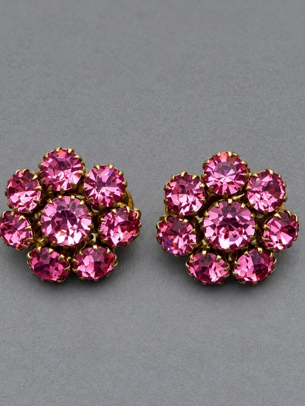 Vintage Pink Crystal Flower Clip-On Earrings - Gold Setting